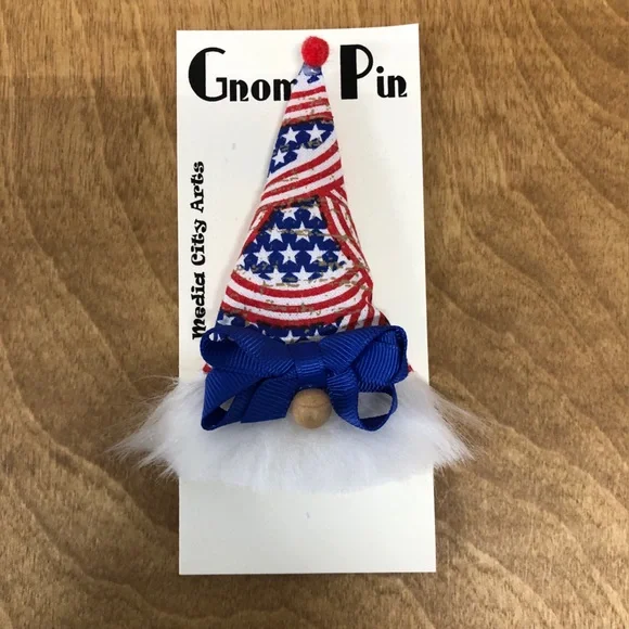 Stars & Stripes Gnome Pin Brooch Handmade Bow Gift Guide July 4th USA Americana - Picture 4 of 6